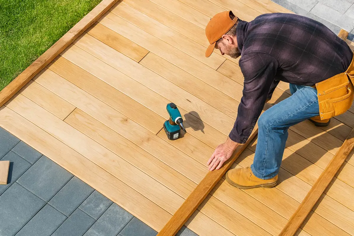 Contractor installing wooden decking boards with a drill on a backyard frame.