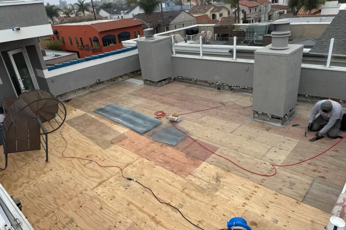 Rooftop deck plywood prepared for waterproof coating